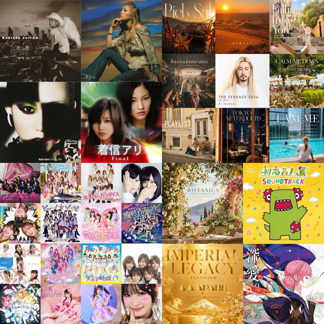 A visual selection of music productions by Junichi Matsuda and Mr. Adventure, spanning pop, screen music and independent releases